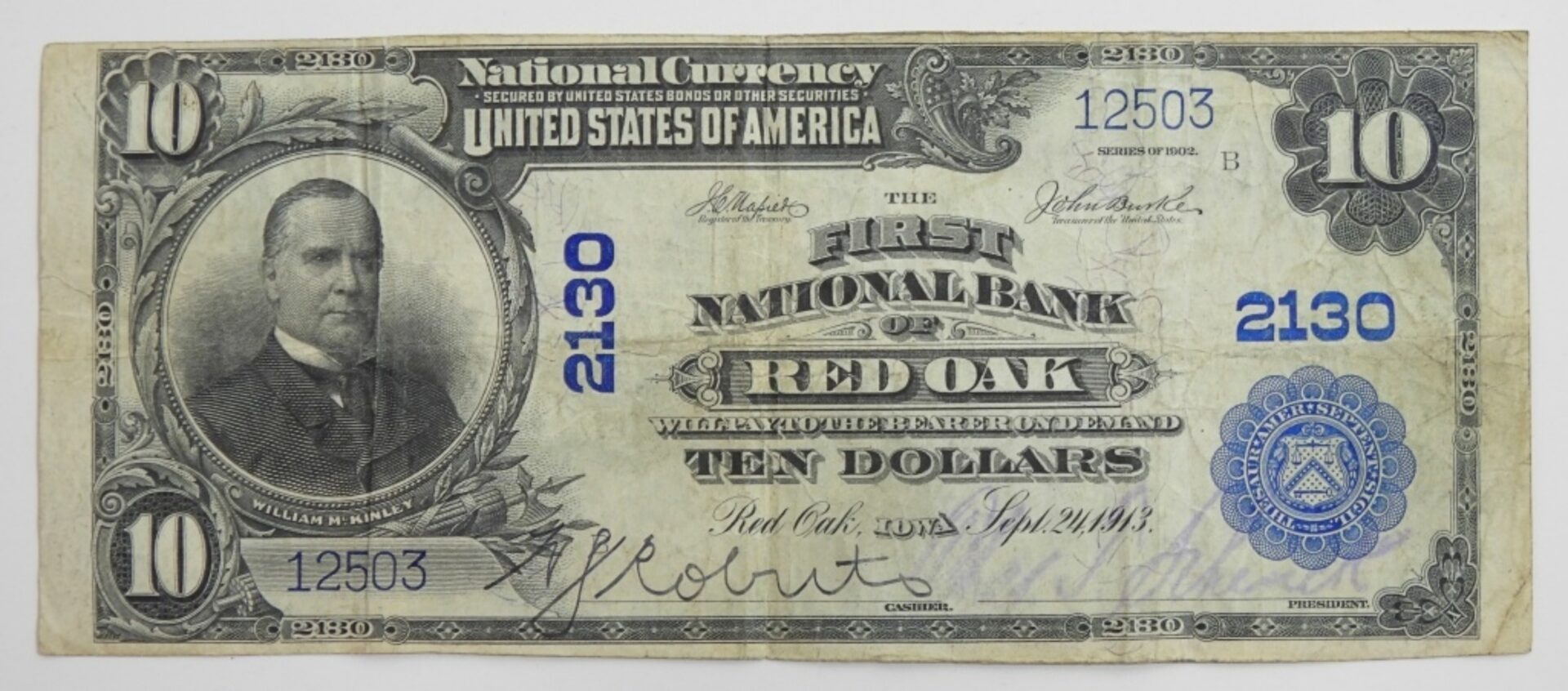 Ten-dollar 1902 National Currency note from the First National Bank of Red Oak, Iowa, featuring William McKinley’s portrait.