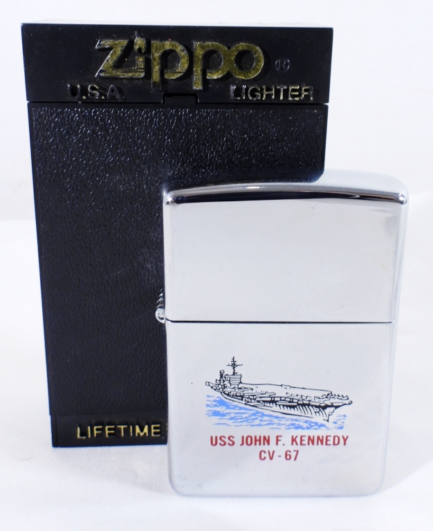 USS John F. Kennedy Zippo lighter featured in our case knives and military collectibles auction