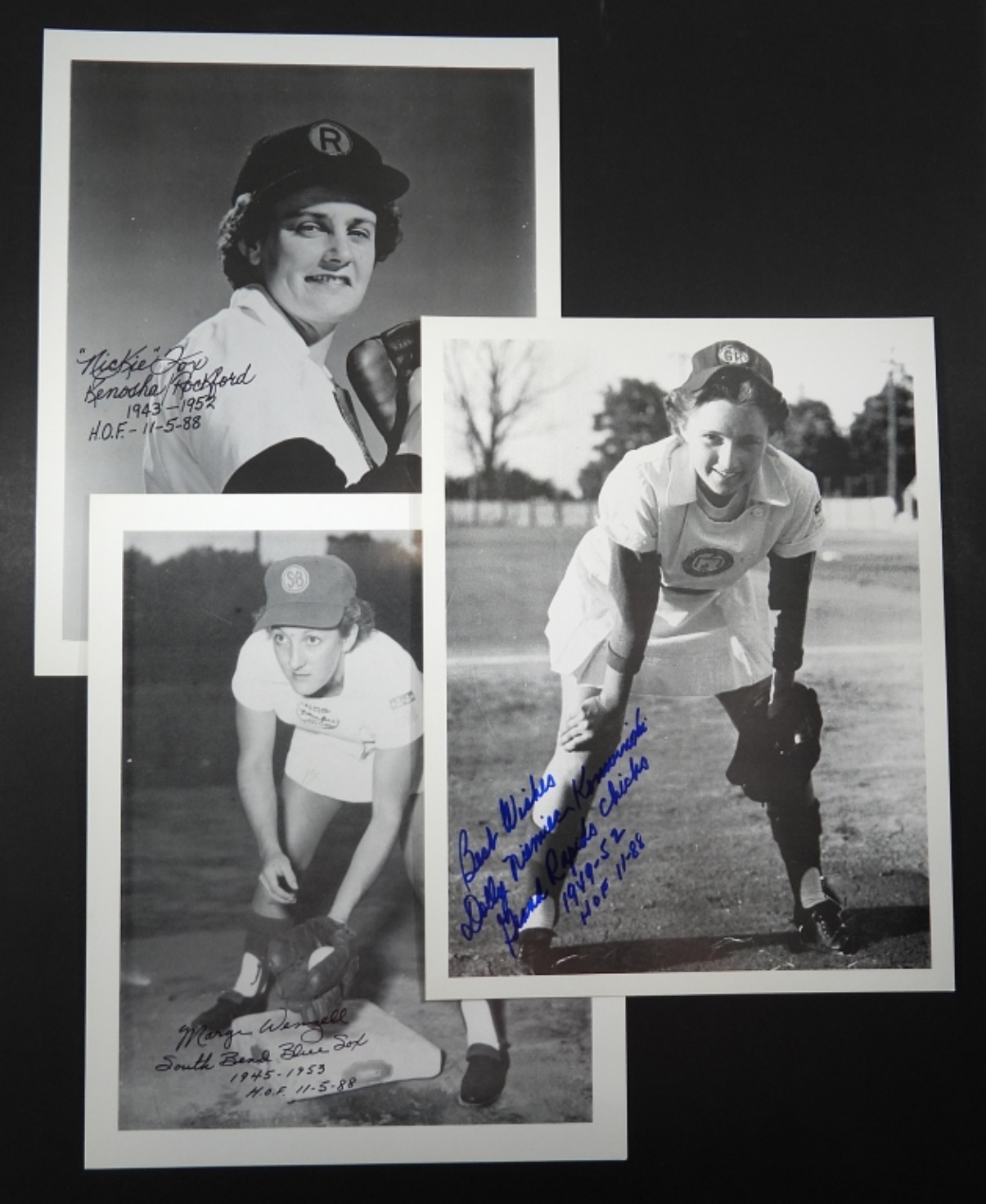 ockford Peaches photos for Sports Memorabilia Auction showing women’s baseball players in uniform, some autographed.